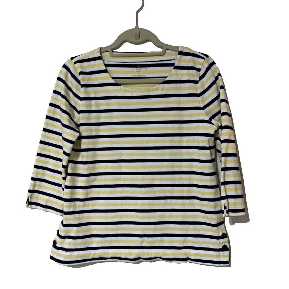 Talbots Womens White Yellow Black Striped 3/4 Sleeve Knit Top Size MP